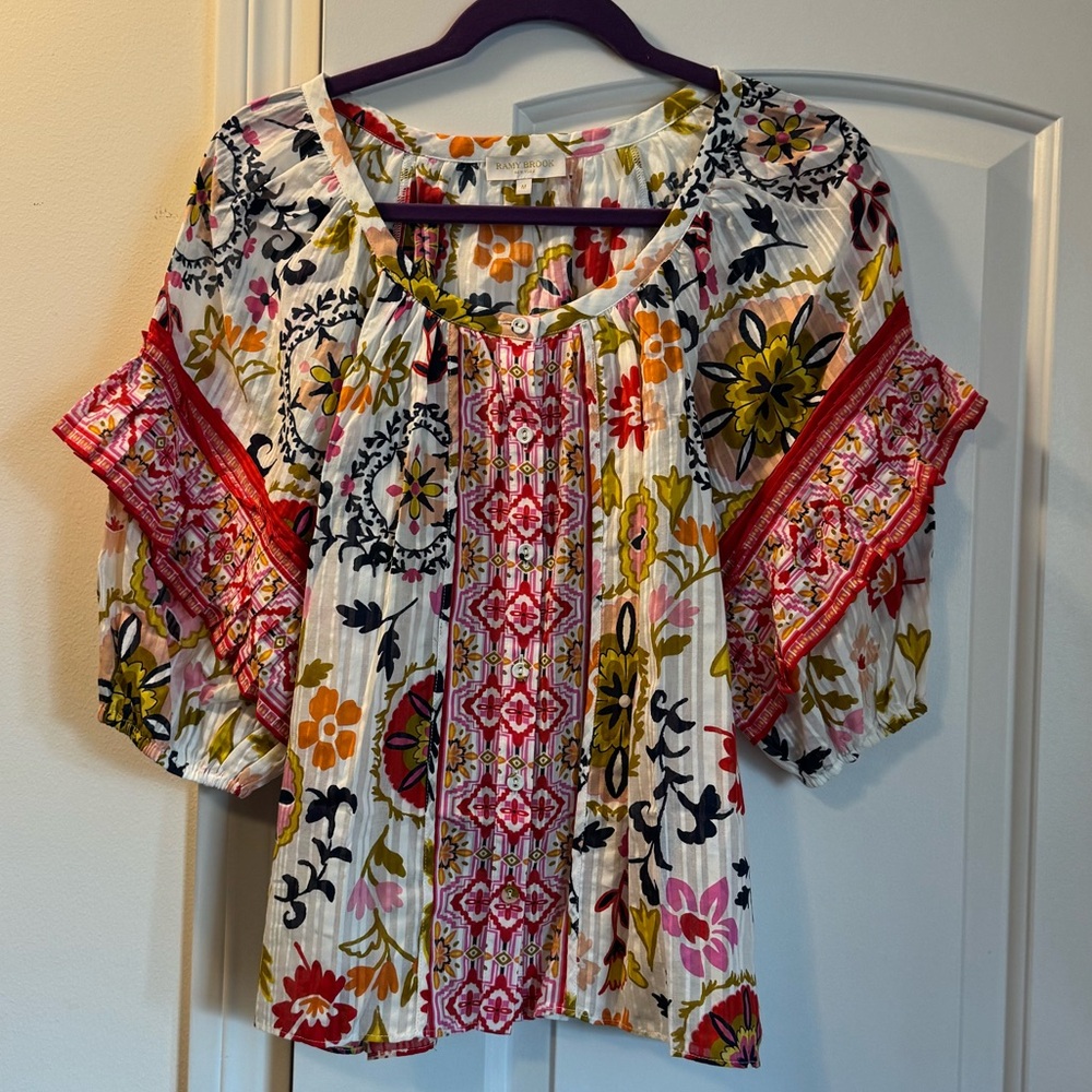 Ramy Brook White Multi Floral Peasant Blouse - NWOT